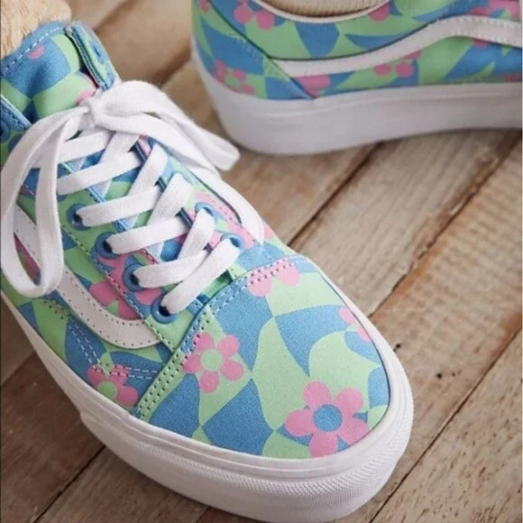 Vans | Old Skool Stacked Checkered Floral Blue Platform Shoes, Womens 9 - Picture 2 of 11